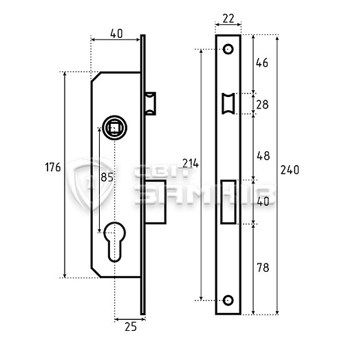 Механизм замка SANTOS 726 (BS25 * 85мм, 22мм) матовый хром - Фото №5