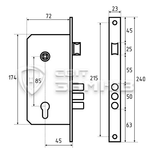 Механизм замка KALE 152-3MR (BS45*85мм) никель - Фото №5