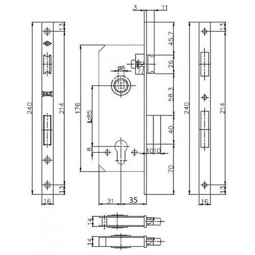 Механізм замка KALE 152 RP P-35 (16mm) (BS35*85мм) хром - Фото №2