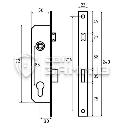 Механизм замка KALE 153 U-30 (23 mm) (BS30*85мм) хром - Фото №2