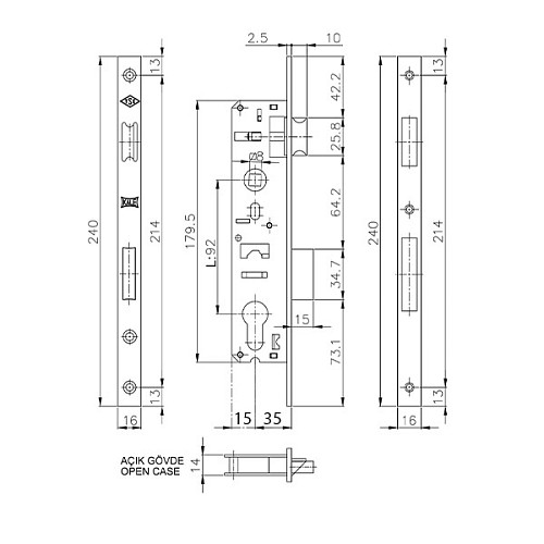 Механизм замка KALE 192 P-35 (16 mm) (BS35*92мм) хром - Фото №5