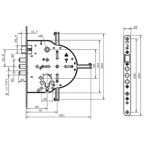 Механизм замка MUL-T-LOCK M235 / M267 4-х направленный (BS65 * 90мм) хром полированный без об.планки - Фото №2