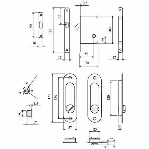 Комплект замка для раздвижной системы RDA (ручка SL-155 + замок RDA 4120) матовая латунь - Фото №2