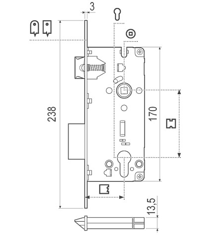 Механізм замка AGB Sicurezza PZ18 (BS50*85мм, 18мм) хром - Фото №2