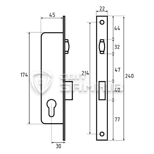 Механизм замка SANTOS 720 бочка (BS30мм, 22мм) матовый хром - Фото №5