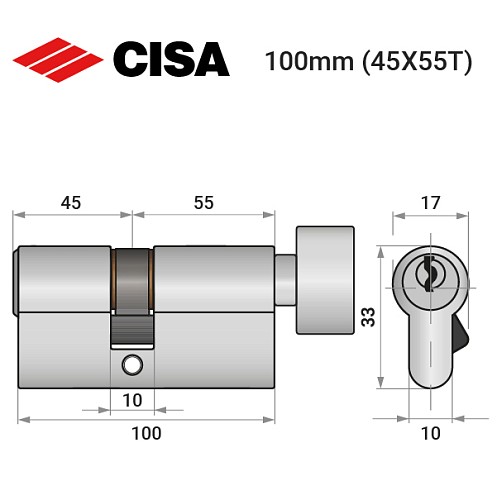 Циліндр CISA C2000 100T (45*55T) нікель матовий - Фото №10