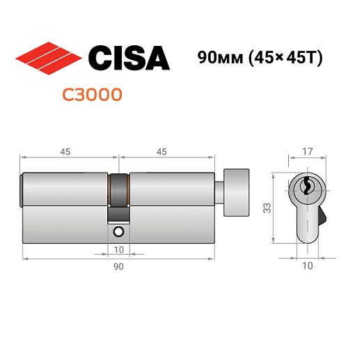 Циліндр CISA C3000 90T (45*45T) нікель матовий - Фото №11