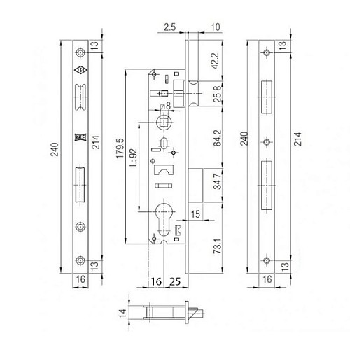 Механизм замка KALE 192 P-25 (16 mm) (BS25*92мм) хром - Фото №2