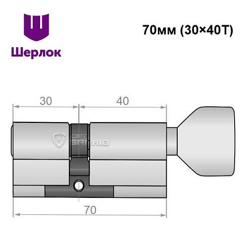 Цилиндр SHERLOCK HK 70T (30*40T) никель сатин - Фото №6