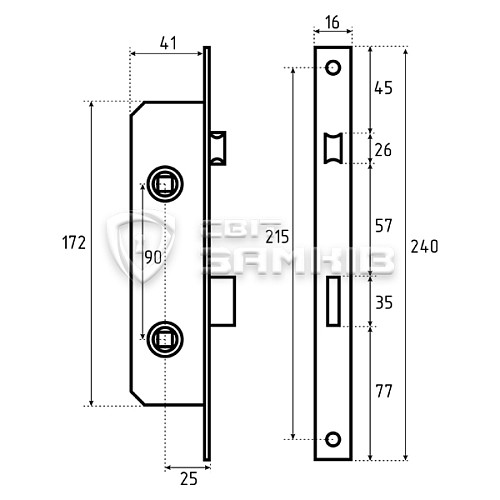 Механизм замка KALE 269 WC P-25 (16 mm) (BS25*90мм) хром - Фото №5