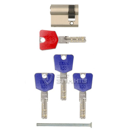 Цилиндр половинка TITAN K55 75 (65*10) никель сатин 3 + 1 ключей - Фото №5