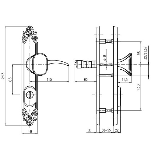 Ручки на планці з протектором ROSTEX Ozdobna R 85мм (40-45мм) фіксована-нажимна хром матовий (права) - Фото №7