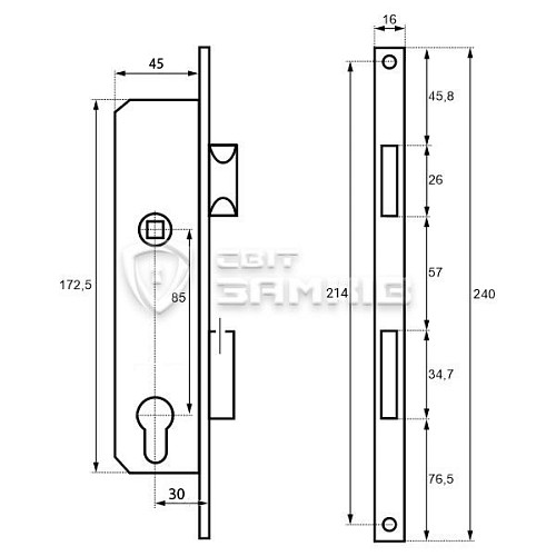 Механізм замка KALE 153 P-30 (16 mm)  (BS30*85мм) хром - Фото №5