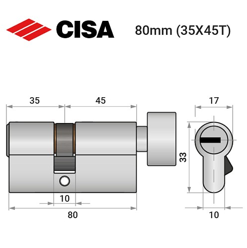 Цилиндр CISA ASIX P8 80T (35*45T) никель матовый - Фото №9