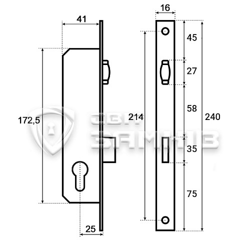 Механизм замка KALE 155 P-25 (16 mm) (BS25мм) хром - Фото №5