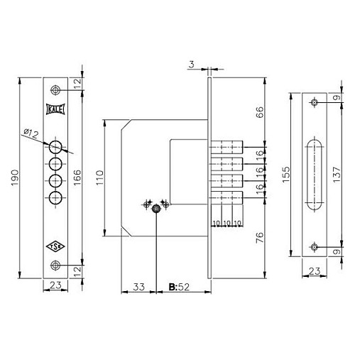 Механизм замка KALE 189 4MF (BS52мм) латунь - Фото №2