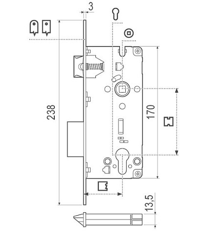 Механизм замка AGB Sicurezza PZ22 (BS50 * 85мм, 22мм) латунь - Фото №2