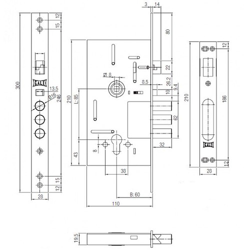 Механизм замка KALE 252 RAV (BS60*85мм) хром - Фото №2